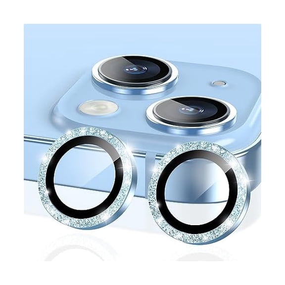 for iPhone 15/15 Plus/ 16e Camera Lens Protector, Individual Bling Glitter Metal Ring Tempered Glass Camera Screen Protector for iPhone 15 Accessories(Glitter Blue)