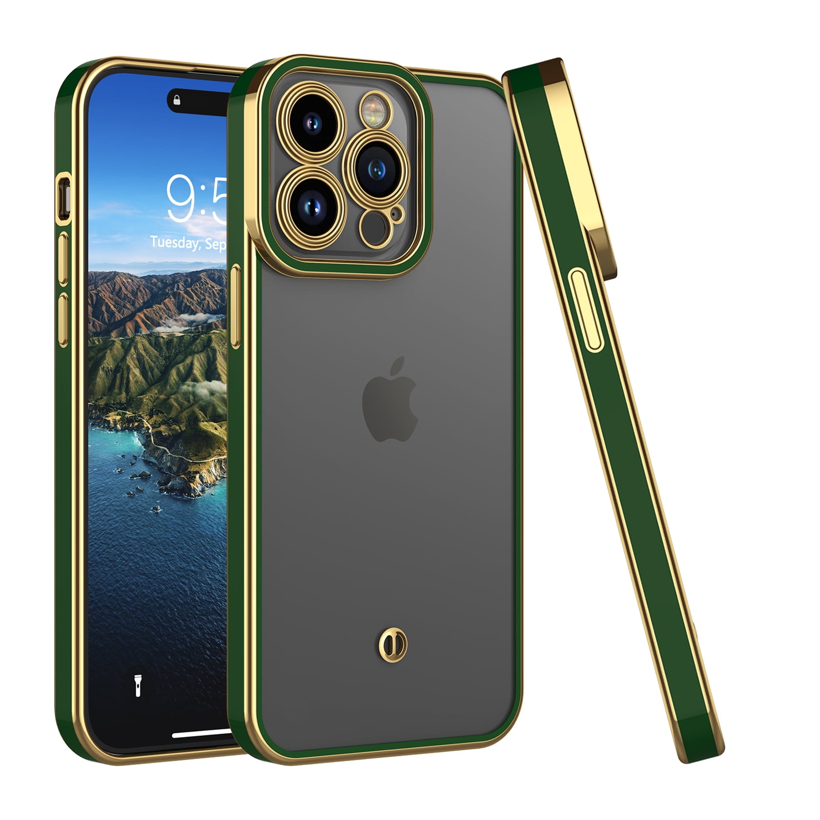 for iPhone 15,15 Pro,15 Plus,15 Pro Max Phone Case, Slim Luxury Gold Plated  Soft Bumper Women Men Girl Protective Phone Case Cover for Apple iPhone 15  6.1 inch,Green/Gold 
