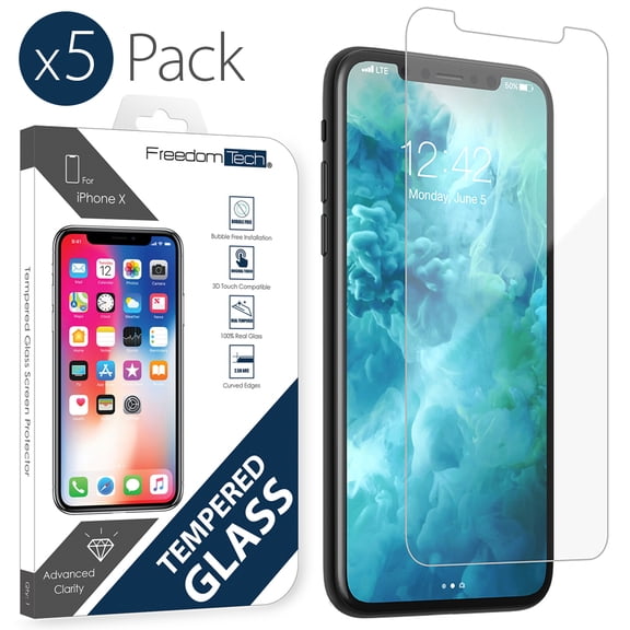 iPhone X Screen Protector, FREEDOMTECH 5-Pack Tempered Glass Screen Protector for Apple iPhone 10 - 9H Hardness, Premium Clarity, Scratch-Resistant Tempered Glass for iPhonen X