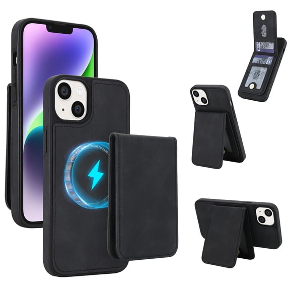 for iPhone 15 2 In 1 Detachable Magnetic Case, PU Leather TPU Cover with Removable Card Slots Kickstand Slim Shockproof Protective Rugged Case Cover, Black