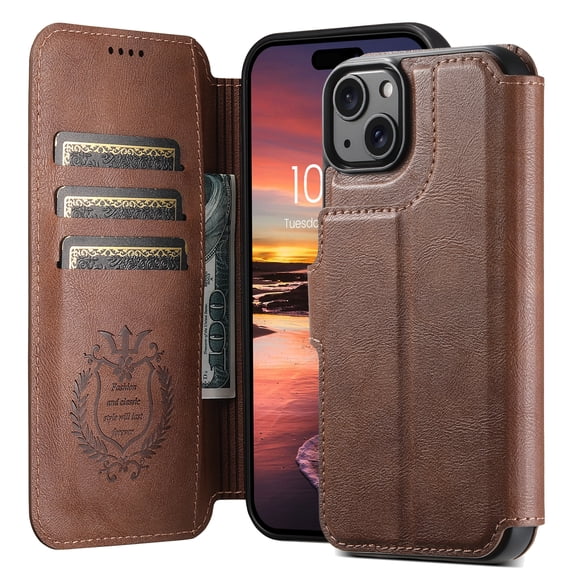 for iPhone 15 2-in-1 PU Leather Case, Detachable Wallet Case with Card Holder Stand, Removable Folio Protective Cover, Support Magnetic Car Mount, Magnetic Clasp, Shockproof Cover, Brown