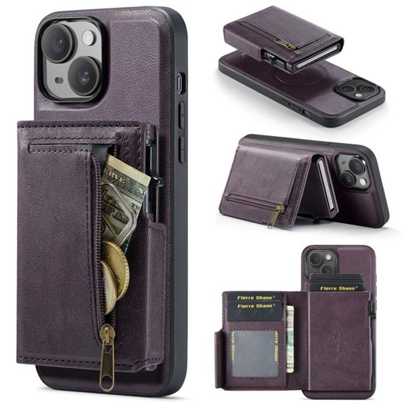 For iPhone 15 6.1" RFID Blocking 2 In 1 Detachable Leather Wallet With Popup Button Multi-Card Slot Zipper Pocket Magnetic Phone Case,Purple,For iPhone 15