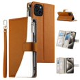 thumbnail image 1 of For iPhone 15 6.1" Splicing Multi Card Slots/Pocket Zipper Wallet Strong Magnetic Attachment/Closure,  PU Leather Flip Wallet Case With Hanging Rope,Brown,For iPhone 15, 1 of 6