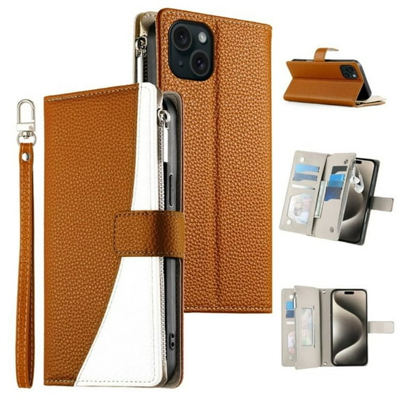 For iPhone 15 6.1" Splicing Multi Card Slots/Pocket Zipper Wallet Strong Magnetic Attachment/Closure, PU Leather Flip Wallet Case With Hanging Rope,Brown,For iPhone 15