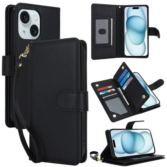 For iPhone 15 6.1" Wallet Case Leather Magnetic Flip Cover with Card Slots, RFID Blocking, Kickstand, Anti-Drop TPU & Detachable Wrist Strap,Black,For iPhone 15