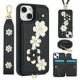 thumbnail image 1 of for iPhone 15 6.1-inch Crossbody Wallet Case, Women Flip Cover Flower Design PU Leather Kickstand Card Holder Slots Wrist Strap Lanyard Purse Phone Case for iPhone 15, Black, 1 of 9