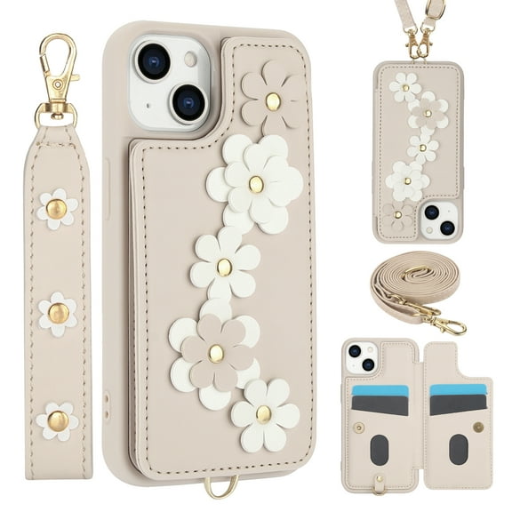 for iPhone 15 6.1-inch Crossbody Wallet Case, Women Flip Cover Flower Design PU Leather Kickstand Card Holder Slots Wrist Strap Lanyard Purse Phone Case for iPhone 15, White