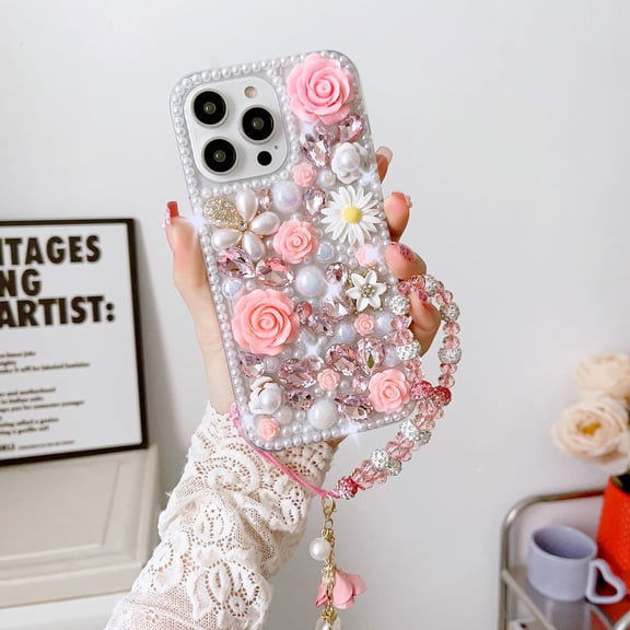 for iPhone 15 Bling Glitter Case,Luxury Crystal Rhinestone Shiny Diamond Pearl Flowers Women Girls Kids Case Cover with Wrist Strap Lanyard for iPhone 15 6.1 inch,Pink
