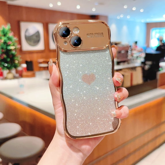 for iPhone 15 Bling Glitter Case for Women Girls, Cute Wave Frame Curly Shape with Love Heart Pattern Raised Camera Protection Luxury Plating Shockproof Phone Case for iPhone 15, Gold