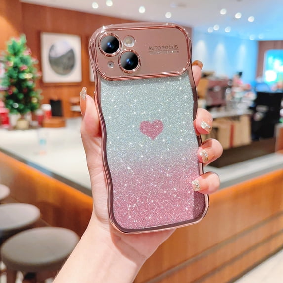 for iPhone 15 Bling Glitter Case for Women Girls, Cute Wave Frame Curly Shape with Love Heart Pattern Raised Camera Protection Luxury Plating Shockproof Phone Case for iPhone 15, Rosegold