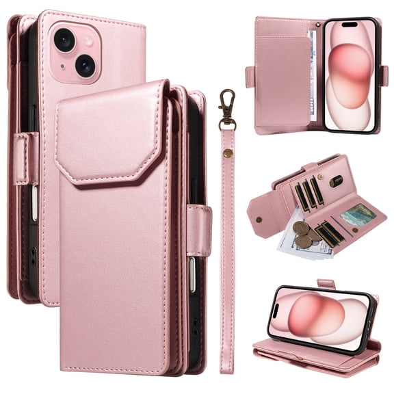 for iPhone 15 Case with 11 Card Slots & 2 Cash Pockets for Woman Man,PU Leather Flip Kickstand Folio [RFID Blocking] Wallet Case, Wrist Strap Magnetic Clasp Protective Cover,Rosegold