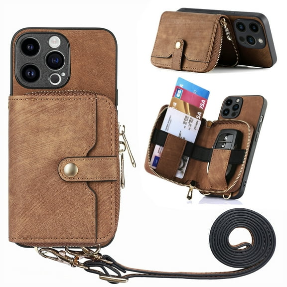 iPhone 15 Case 2023,Decase Leather Crossbody Wallet Case With Detachable Lanyard Strap,Luxury Shockproof Zipper Back Holder Protective Cover,for Apple iPhone 15 6.1 Inch - Brown