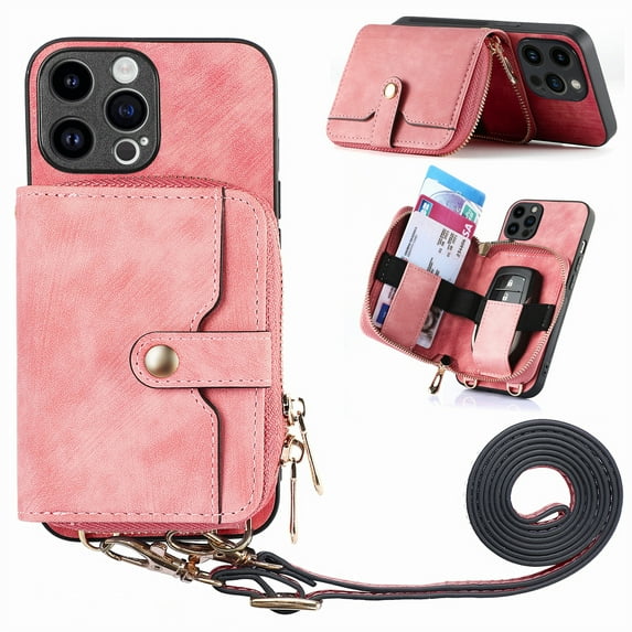 iPhone 15 Case 2023,Decase Leather Crossbody Wallet Case With Detachable Lanyard Strap,Luxury Shockproof Zipper Back Holder Protective Cover,for Apple iPhone 15 6.1 Inch - Pink