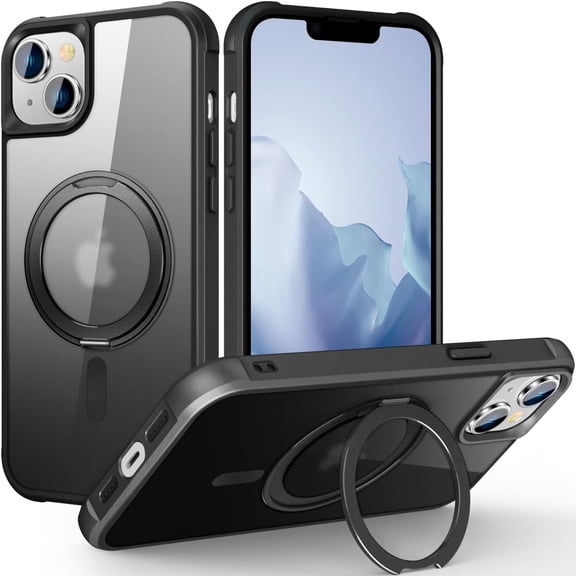 for iPhone 15 Case with 360° Rotatable  Ring Stand [Compatible MagSafe] [ Grade Protection] Translucent Matte iPhone 15 Phone Case for Women Men, Black