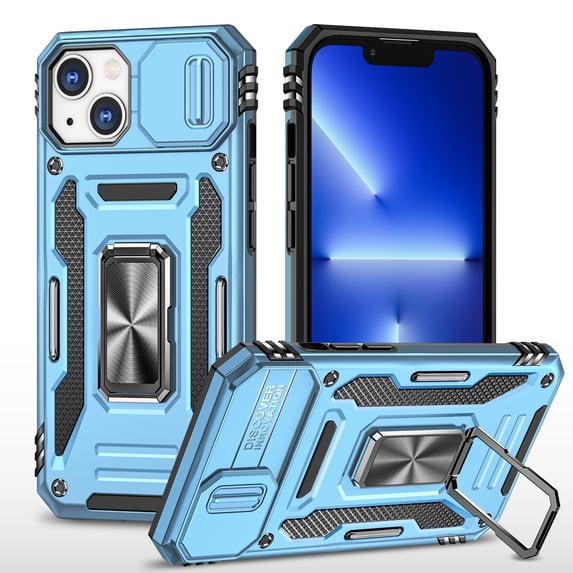 for iPhone 15 Case with 360° Rotate Ring Kickstand & Sliding Camera Cover & Support Magnetic Car Mount Holder Military Grade Drop Protection Case for iPhone 15, Lightblue