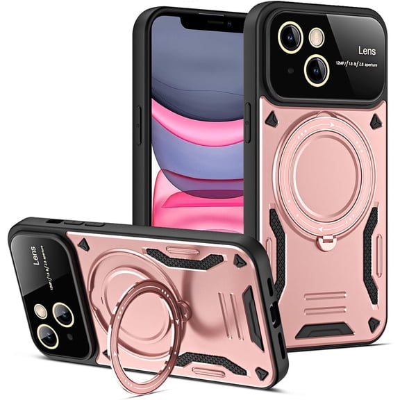 for iPhone 15 Case 6.1" 2023 with 360° Rotatable Invisible Ring Stand, Large Window Design Compatible with Magsafe, -Grade Protection Shockproof Phone Cover for Women Men, Pink
