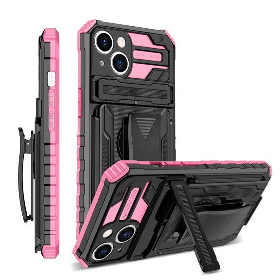 For iPhone 15 Case with Belt Clip Holster, Heavy Duty Military Grade Drop Protective, 360° Rotating Kickstand Shockproof TPU Shell Durable Rugged Cover For iPhone 15, Pink