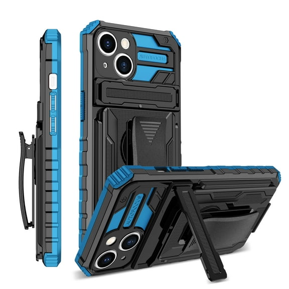 For iPhone 15 Case with Belt Clip Holster, Heavy Duty Military Grade Drop Protective, 360掳 Rotating Kickstand Shockproof TPU Shell Durable Rugged Cover For iPhone 15, Blue