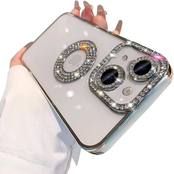 for iPhone 15 Case with Bling Glitter Rhinestones Diamond,Clear Cute Sparkly Aesthetic Silver Phone Case,Luxury Plating Electroplate Case for iPhone 15