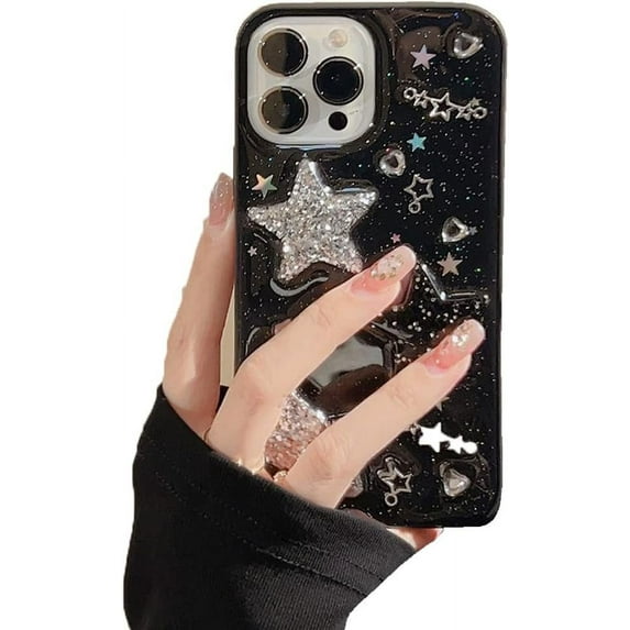 for iPhone 15 Case Bling Stars 3D Hearts Diamond Twinkle Star Glitter Y2K Spark Luxury Girly Aesthetic Personalized Design for Women Girls Teens Soft Transparent TPU Case, 6.1", Black