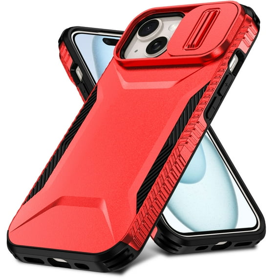 for iPhone 15 Case with Built-in Camera Lens Slide Cover, Heavy-Duty Shockproof Rugged Case Heavy Duty Bumper Shockproof Phone Cover for iPhone 15,Red