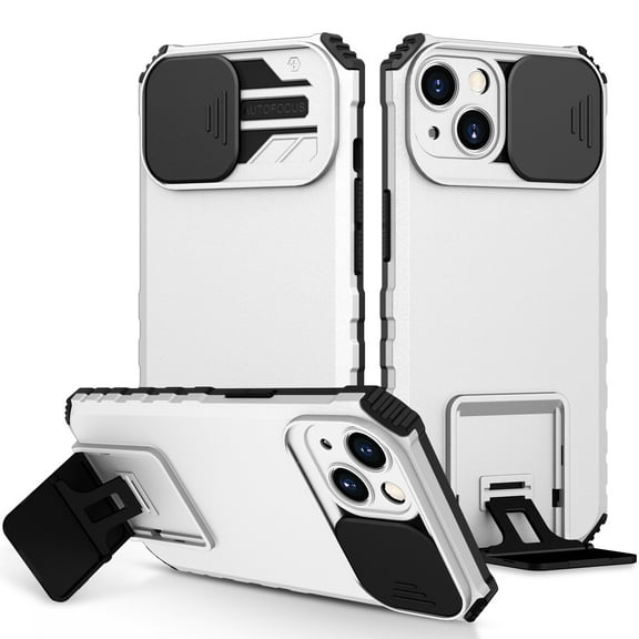 for iPhone 15 Case with Camera Lens Slide Protection, Armour Silicone TPU Bumper Tough PC Cover with Kickstand, Military Shockproof Absorption Protective Case for iPhone 15,
White