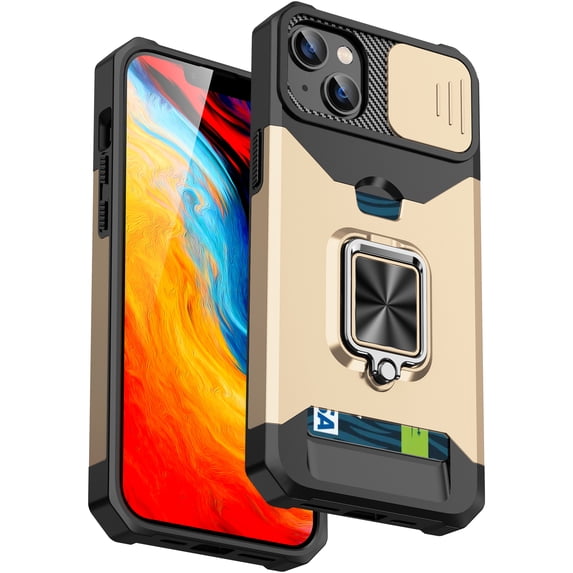 For iPhone 15 Case with Card Holder & 360° Magnetic Ring Stand Heavy Duty Camera Lens Slide Dual Layer Shockproof Hidden Card Slot Slim Wallet Phone Case Cover for Women Men,Gold