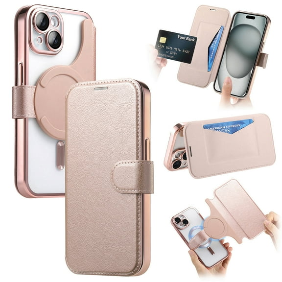 for iPhone 15 Case with Card Holder [Camera Lens Protector Film] Plating Clear Case Business 2-in-1 Magnetic Detachable Flip PU Leather Wallet Phone Cover for iPhone 15, Rosegold