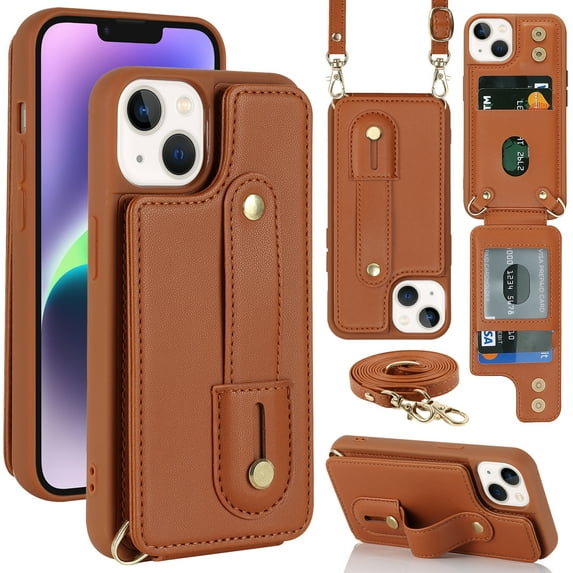 for iPhone 15 Case with Card Holder Crossbody Lanyard Strap Leather Wallet Case with Magnetic Clasp Kickstand Heavy Duty Protective Back Flip Phone Cover for Women,Brown