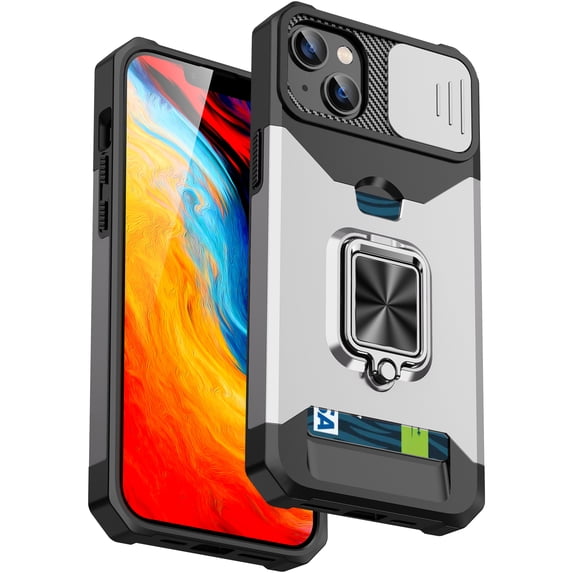 for iPhone 15 Case with Card Holder Ring Kickstand Slide Camera Cover iPhone 15 Case Heavy Duty Protection Shockproof Rugged for iPhone 15 Phone Cover, Silver