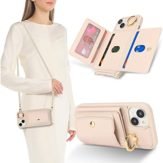 for iPhone 15 Case with Card Holder for Women, for iPhone 15 Phone Case Wallet with Strap Credit Card Slots Crossbody with Kickstand Zipper Case for iPhone15-White