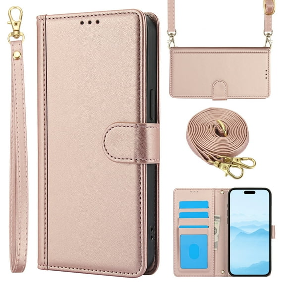 for iPhone 15 Case with Card Slots and Shoulder Strap, Crossbody Lanyard Purse Cover Flip Stand Premium PU Leather Folio Phone Wallet Case for iPhone 15 Women Girls, Rosegold