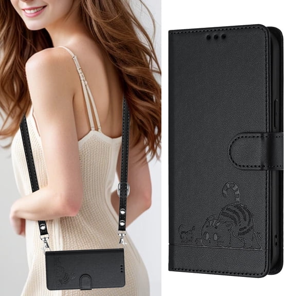 iPhone 15 Case ,Cat PU Leather Crossbody Lanyard Strap RFID Magnetic Wallet Compatible with iPhone 15 Cover