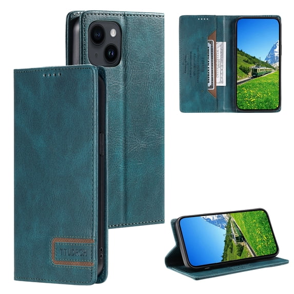 for iPhone 15 Case Classic Design, Premium PU Retro Leather Wallet Case RFID Blocking Card Holder, Built-in Magnetic Flip Folio Kickstand Soft Inner Case for iPhone 15,Green