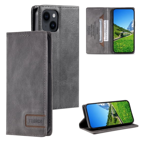 for iPhone 15 Case Classic Design, Premium PU Retro Leather Wallet Case RFID Blocking Card Holder, Built-in Magnetic Flip Folio Kickstand Soft Inner Case for iPhone 15,Grey