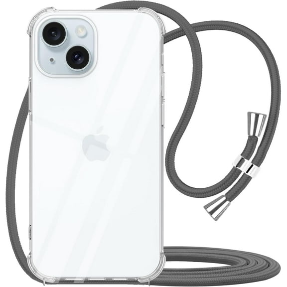 for iPhone 15 Case Clear Case for Women Adjustable Neck Cord Lanyard Strap Cover Transparent Soft Bumper TPU Shockproof Anti-Yellowing Protective Case Cover for iPhone 15 - Gray