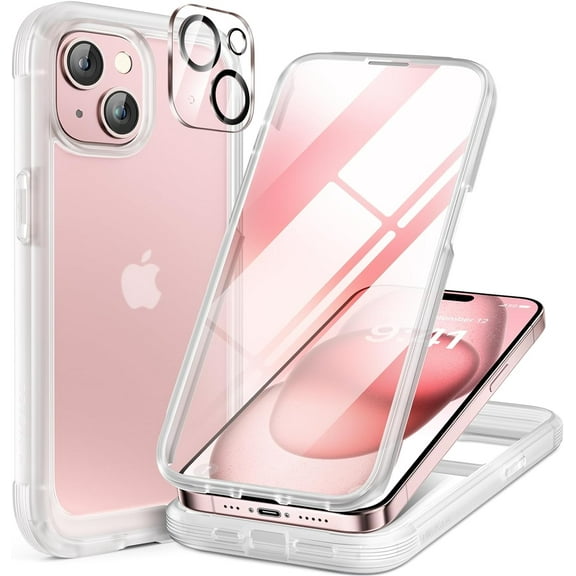 for iPhone 15 Case Clear Full-Body Built-in Glass Screen Protector &Camera Protector, Military Drop Proof 15 Phone Case 360 Degree Shockproof Protective Cover Bumper 6.1 inch, Matte Clear