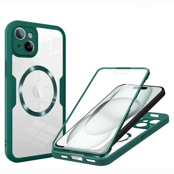 for iPhone 15 Case Clear, Magnetic Case with Screen Protector, Compatible with MagSafe, Not Yellowing Shockproof Full Body Protection Slim Transparent Phone Case for iPhone 15, Darkgreen