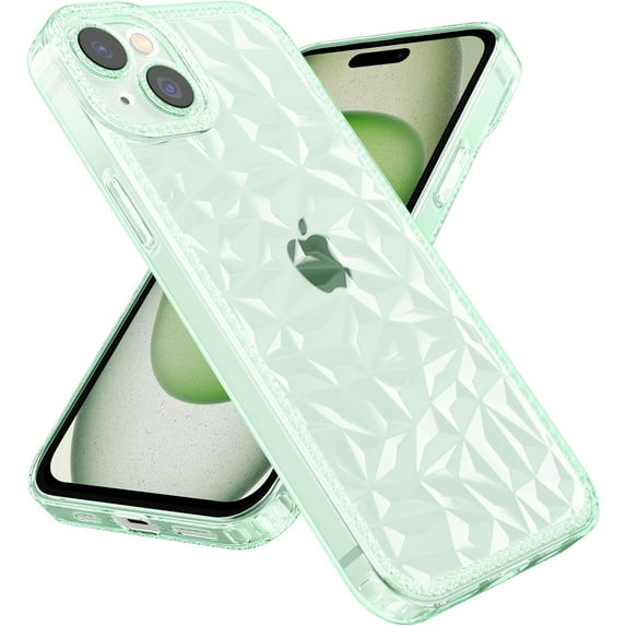 for iPhone 15 Case, Clear Sparkly Case with 3D Diamond Pattern for Women Girls, Cute Glitter Bling Soft TPU Bumper Shockproof Phone Case for iPhone 15 6.1 inch - Green
