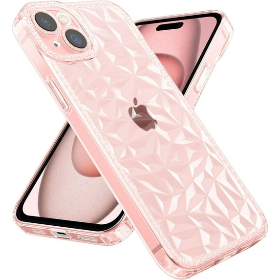 for iPhone 15 Case, Clear Sparkly Case with 3D Diamond Pattern for Women Girls, Cute Glitter Bling Soft TPU Bumper Shockproof Phone Case for iPhone 15 6.1 inch - Pink