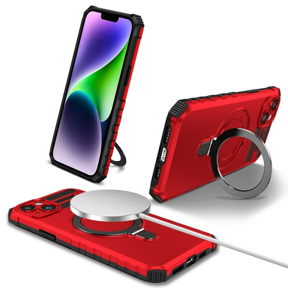 for iPhone 15 Case [Compatible with MagSafe] [Military-Grade Protection], Shockproof Protective Slim Invisible Kickstand Car Mount Magnetic Armor Cover For iPhone 15, Red