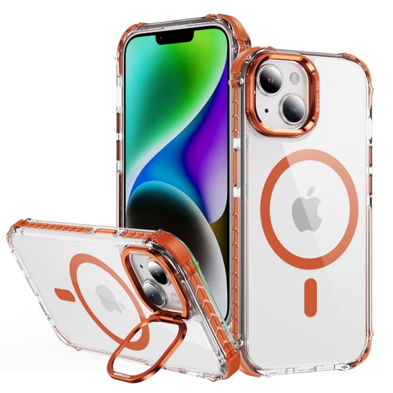 for iPhone 15 Case Compatible with MagSafe, Military Grade Shockproof Heavy Duty Protective Adjustable Kickstand Ultra Clear Magnetic Phone Case for iPhone 15, Orange