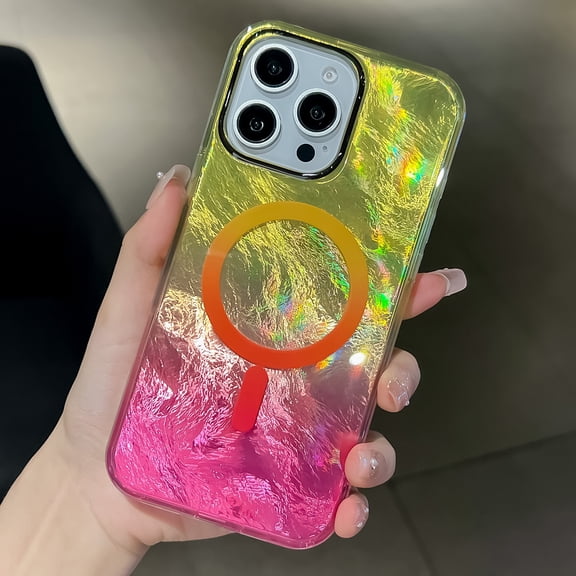 For iPhone 15 Case - Compatible with Magsafe Aesthetic Cute Holographic Ripple iPhone 15 Case with Bling Laser Sparkly Slim Cover for Women Girls, Yellow