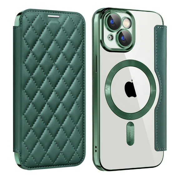 for iPhone 15 Case Compatible with Magsafe, Slim Fit Flip Protective PU Leather Wallet Case with RFID Blocking Card Slot Build-in Len Protector for iPhone 15, Darkgreen