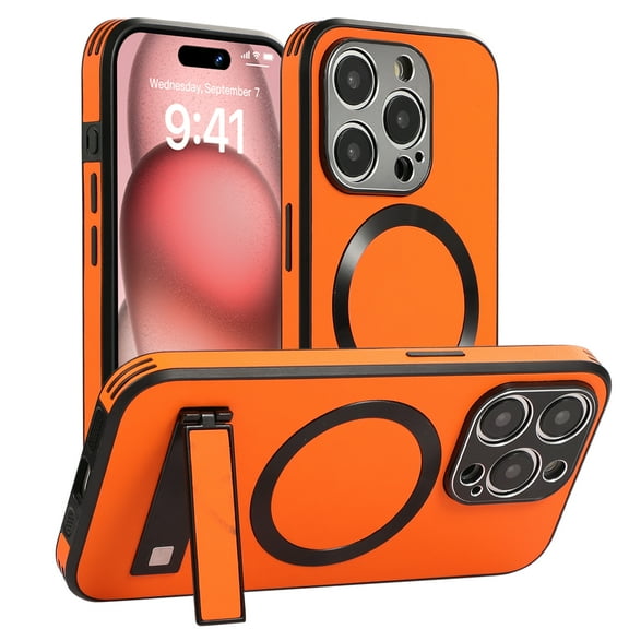 for iPhone 15 Case, [Compatible with Magsafe ] Wireless Charging PU Leather Stand Kickstand Rugged Protection for iPhone 15 Phone Case, Support Magnetic Car Mount, Orange