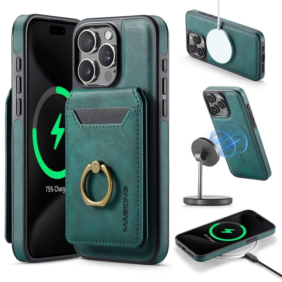 For iPhone 15 Case with Credit Card Holder,Ring Holder,Phone PU Leather Case Wallet for Women Men Magnetic Detachable 2-in-1 Wallet Card,Shockproof Rugged Phone Case,Green