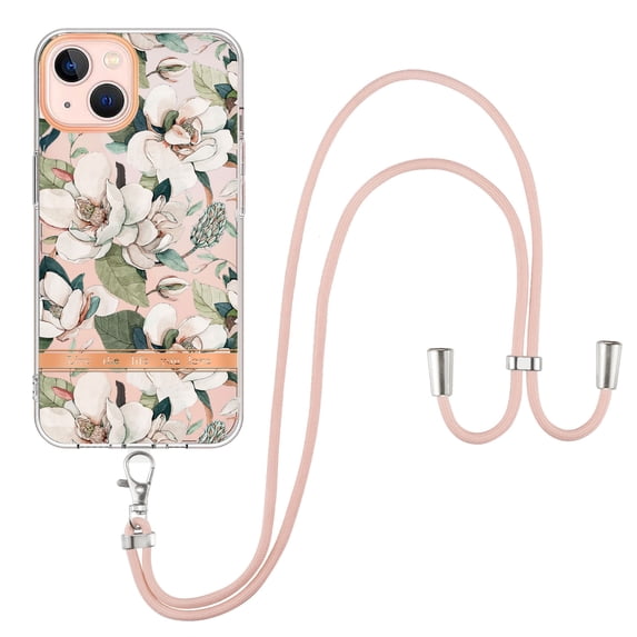 For iPhone 15 Case with Crossbody Lanyard, Cute Flower Patterned Shockproof Cover with Hybrid Soft Crystal TPU Bumper, Adjustable Shoulder Neck Girls Women For iPhone 15,Green