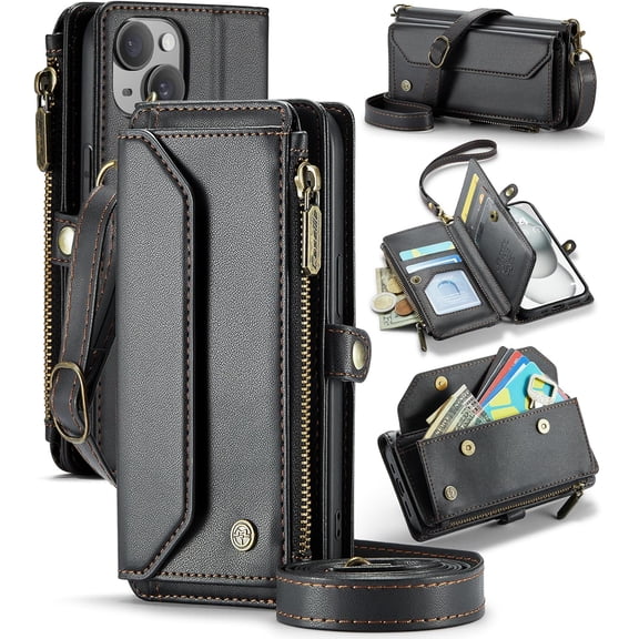 for iPhone 15 Case, Crossbody Wallet Phone Case with RFID Blocking Kickstand, Anti-Drop Wireless Charging Card Slots, PU Leather Shoulder Bag Clutch Adjustable Strap