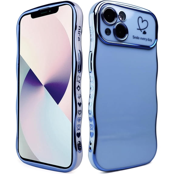 for iPhone 15 Case,Curly Wavy Grip Design Plated Love Heart Luxury Phone Case, Full Camera Lens Protection Fun Cute Side Small Pattern Electroplate Slim Soft Wave Case for iPhone 15, Blue