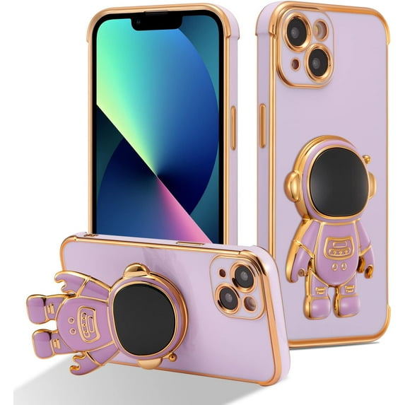 for iPhone 15 Case Cute 6D Astronaut Phone Case with Stand Luxury Plating Case Cover Slim Fit Shockproof Bumper Protective Electroplated Case for iPhone 15 6.1 inch,Purple